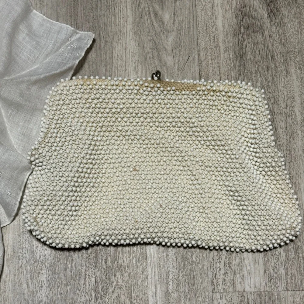 Vintage Beaded Clutch Handbag‎ & Embroidered Hanky Set Evening Bag Formal Acc